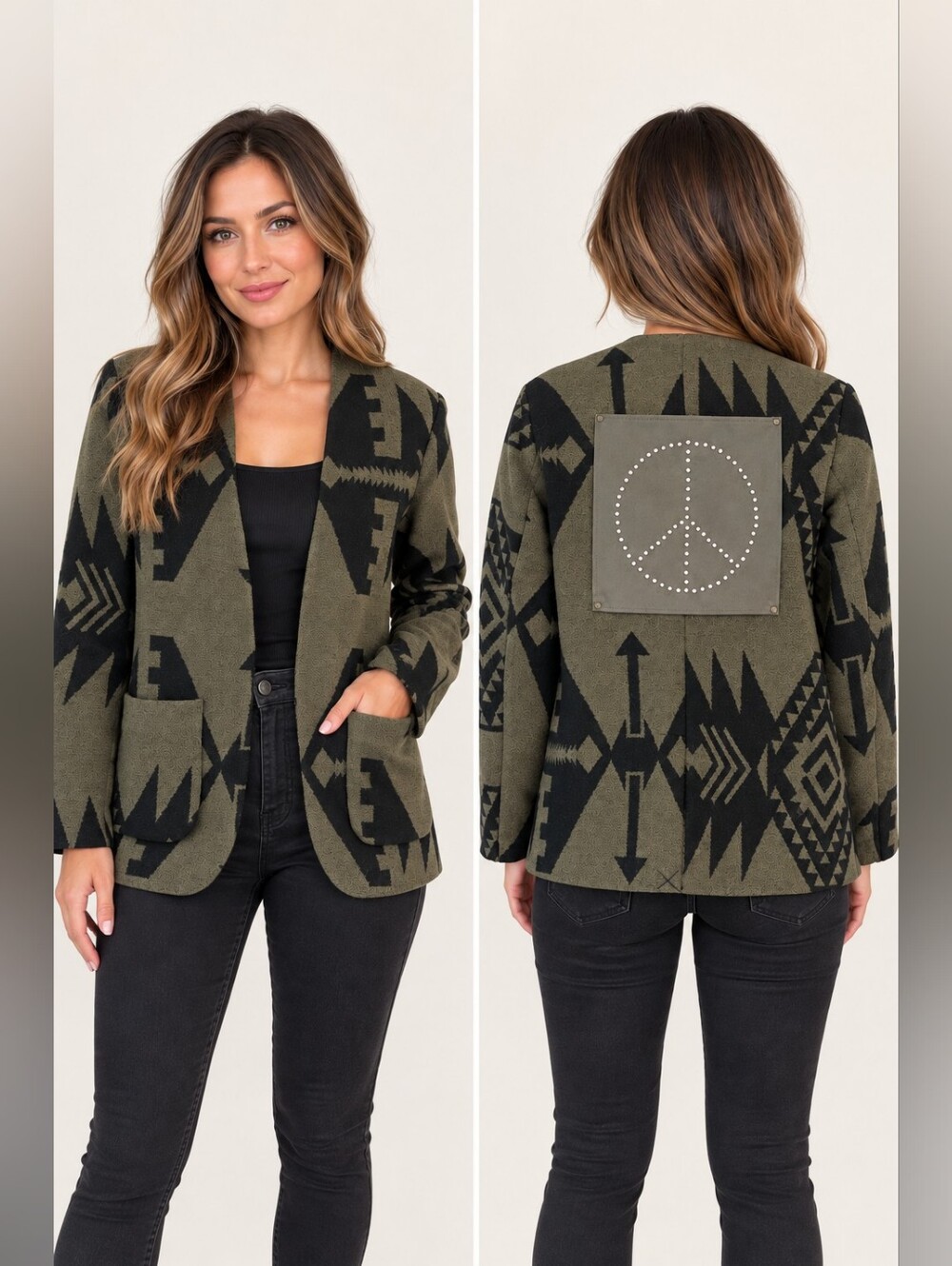 Desigual Olive Green and Black Aztec with Stud Peace Patch Jacket